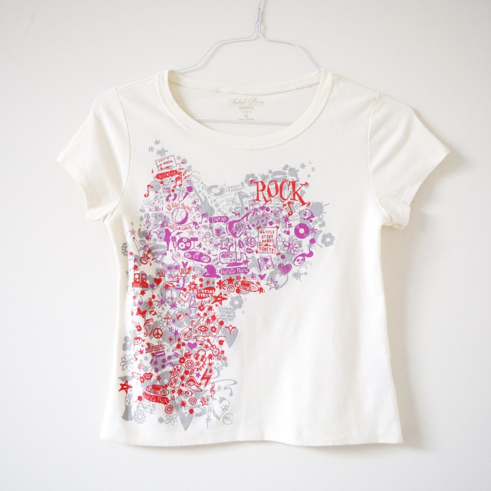 Cream Rock & Roll Music Doodle Graphic Stretch T-Shirt | Size XL